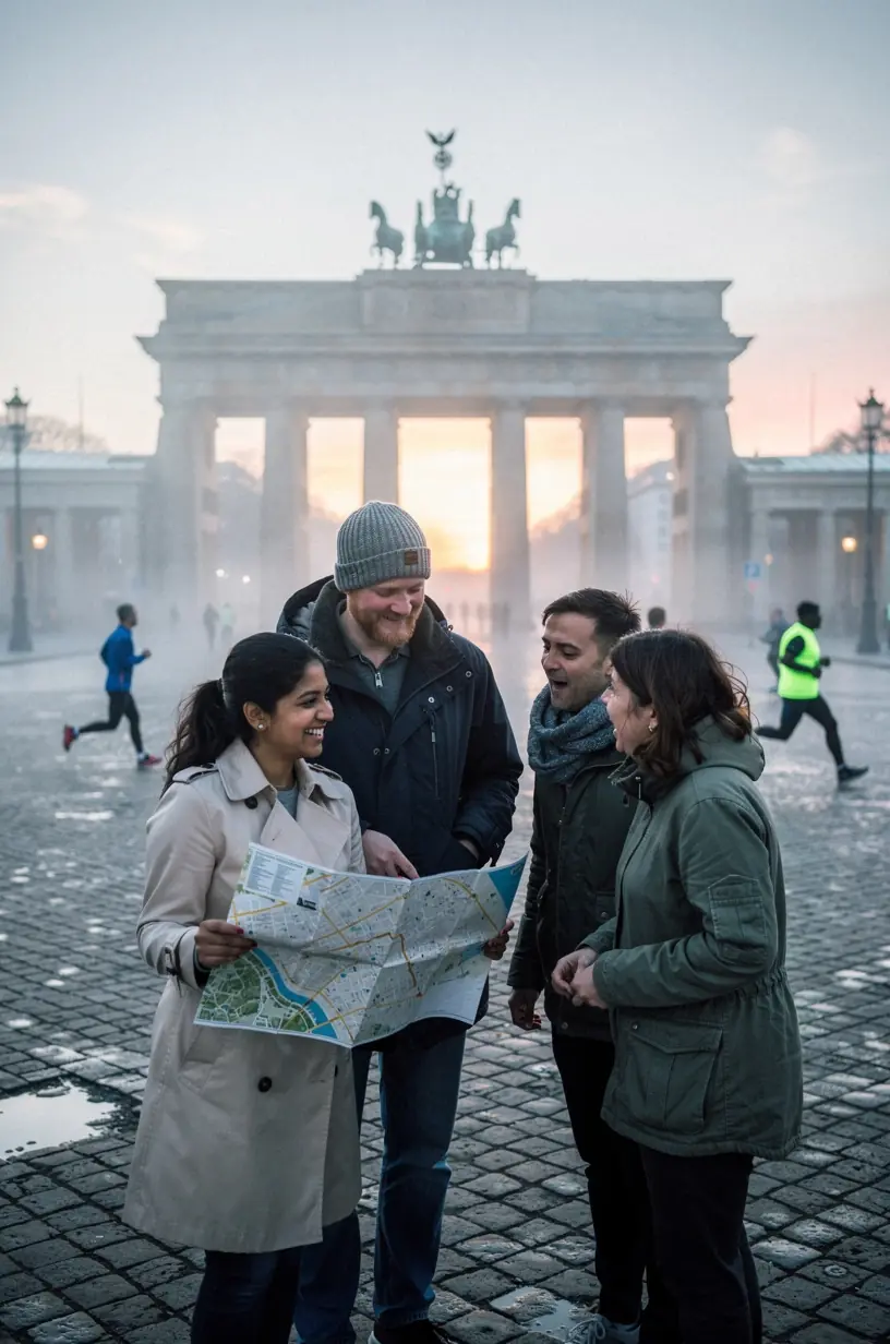 Nahaufnahme eines gedruckten Stadtplans mit markierten Wegen und wichtigen Sehenswürdigkeiten