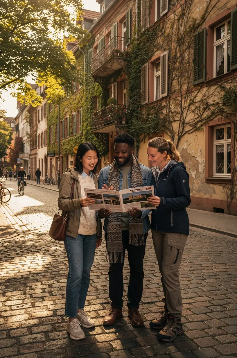 Gedrucktes Routenkit mit Stadtplan, Sehenswürdigkeitenbeschreibung und praktischen Tipps auf Holztisch